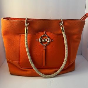 Michael Kors Canvas Rope Large Sholder Hobo Bag Pockets Zip Clementine